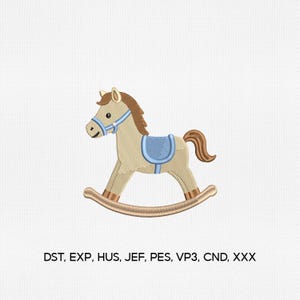 May include: An embroidery design of a beige rocking horse with a brown mane and tail, featuring a light blue bridle and saddle. The text below the horse reads: DST, EXP, HUS, JEF, PES, VP3, CND, XXX. The design is set against a white background.