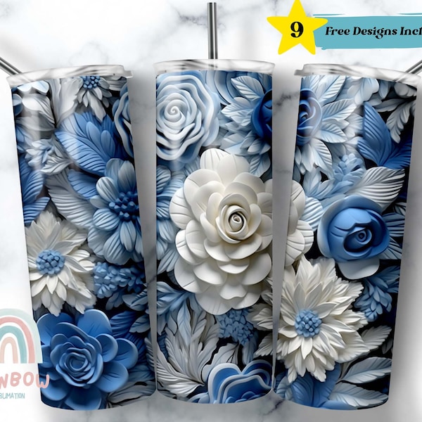 3D Blue and White Flower Tumbler Wrap, Flower Tumbler Design, Sublimation Tumbler, Design Download - Skinny 20oz Wrap