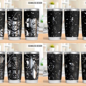 Pu&ograve; includere: Un set di dodici bicchieri in acciaio inossidabile con motivi di Halloween senza cuciture in bianco e nero. I disegni includono fantasmi, scheletri, bare, zucche, fiori, ragnatele e una mucca highland con un cappello da strega.