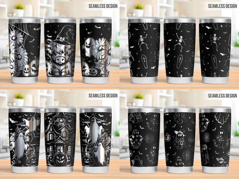 Pu&ograve; includere: Un set di dodici bicchieri in acciaio inossidabile con motivi di Halloween senza cuciture in bianco e nero. I disegni includono fantasmi, scheletri, bare, zucche, fiori, ragnatele e una mucca highland con un cappello da strega.