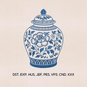 May include: A blue and white decorative jar with a lid, featuring floral and geometric patterns. The jar has a bulbous shape with a detailed design of flowers and leaves. The text at the bottom reads: DST, EXP, HUS, JEF, PES, VP3, CND, XXX.