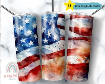 Watercolor American Flag Tumbler Wrap, Patriotic Tumbler, 4th July Tumbler, Sublimation Tumbler Design Download, Skinny 20oz Tumbler Wrap