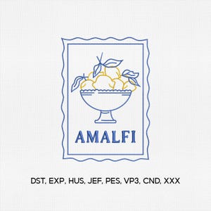 May include: Embroidered design featuring a bowl of yellow lemons with green leaves, set within a blue frame. The word "AMALFI" is displayed below the bowl. The design is on a white background.