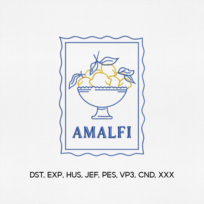 May include: Embroidered design featuring a bowl of yellow lemons with green leaves, set within a blue frame. The word "AMALFI" is displayed below the bowl. The design is on a white background.