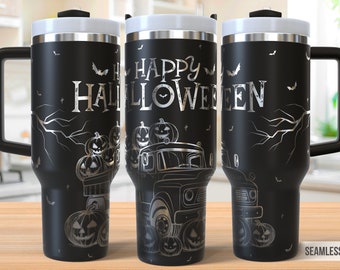 May include: Black stainless steel travel mug with a silver design of a truck carrying pumpkins and the text "Happy Halloween".