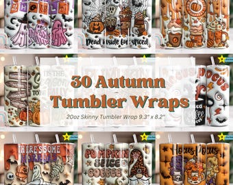 30 Fall & Halloween Tumbler Wrap Bundle, 3D Fall Tumbler Wrap, 3D Halloween Wrap PNG,20oz Tumbler Wrap, Sublimation Design, Digital Download