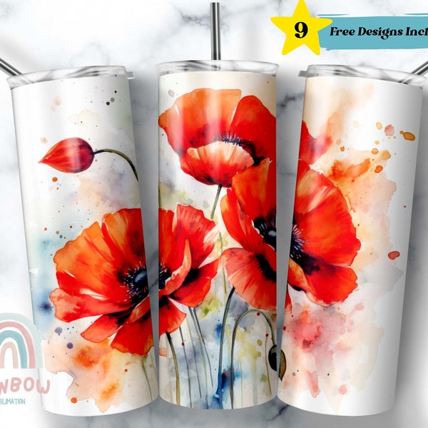 Red Poppy Tumbler Wrap, Poppy Tumbler Design, Flower Tumbler, Sublimation Tumbler Design Download - Skinny 20oz Tumbler Wrap