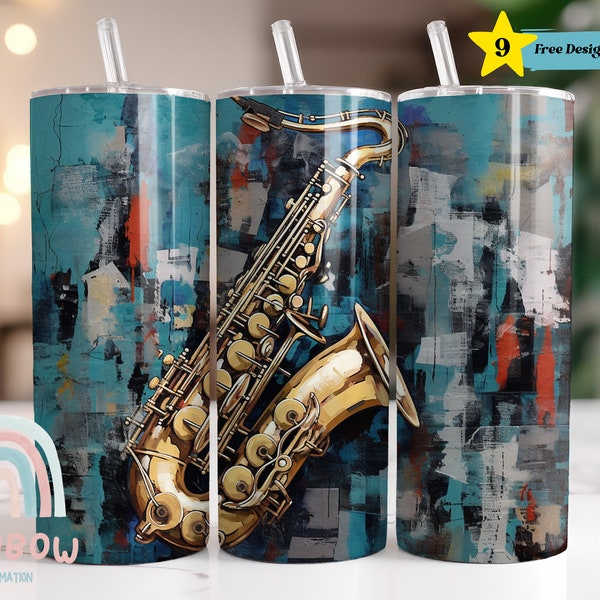 Grunge Saxophone Tumbler Wrap, Music Instrument Tumbler, Music Tumbler, Sublimation Tumbler, Design Download, Skinny 20oz Tumbler Wrap