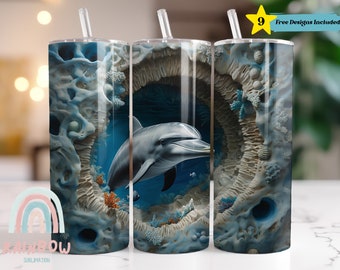 3D Dolphin Tumbler Wrap, A Hole in The Wall Dolphin Tumbler Design, Sublimation Tumbler Design Download - Skinny 20oz Tumbler Wrap