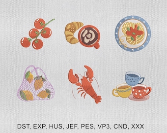 Set of 6 Hand-drawn Italian Icons Embroidery Design, The Market La Dolce Vita Tomato Coffee Lobster Lemon Pasta Embroidery Design