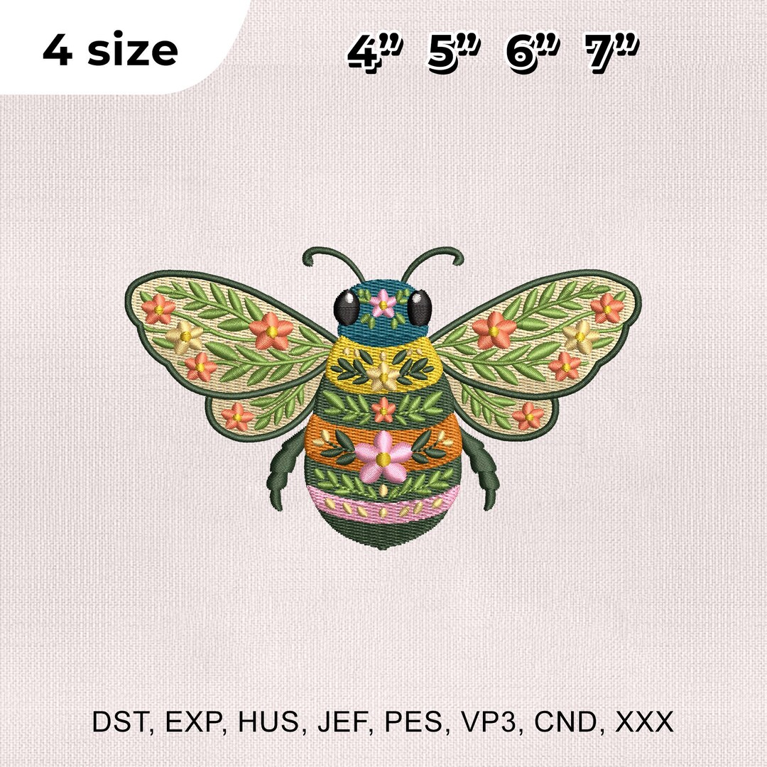 4 Sizes Floral Bee Embroidery Design, Bee Embroidery Design, Bee Pes ...