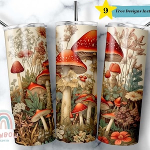 Cottagecore Mushrooms Tumbler Wrap, Mushroom Tumbler Design, Sublimation Design, Digital Download - Skinny 20oz Tumbler Wrap