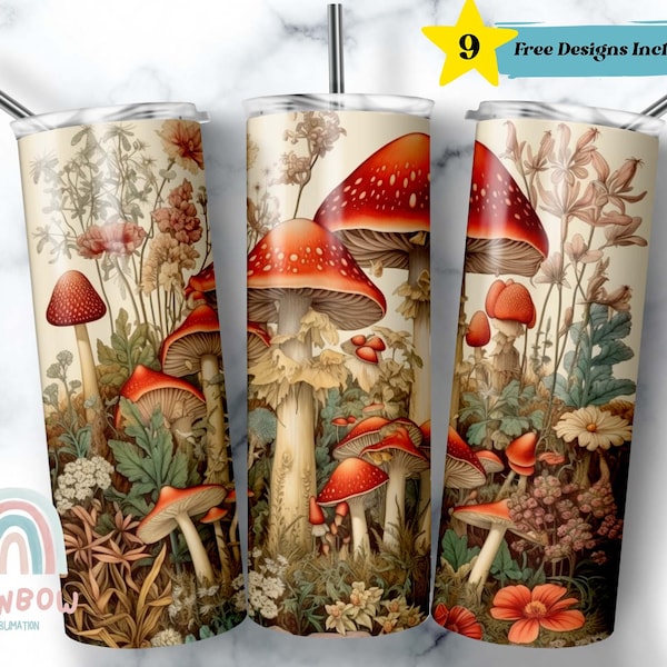 Cottagecore Mushrooms Tumbler Wrap, Mushroom Tumbler Design, Sublimation Design, Digital Download - Skinny 20oz Tumbler Wrap