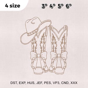 May include: An embroidered design of a cowboy hat and cowboy boots with bows, in brown tones. The design includes the text "4 size" and size measurements in inches: 3", 4", 5", and 6". Equivalent measurements in cm are approximately 7.6, 10.2, 12.7, and 15.2.
