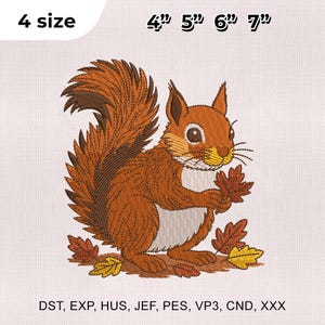 May include: Embroidered design of a squirrel holding autumn leaves. The squirrel is brown and orange, with a fluffy tail. The image includes text indicating sizes: 4", 5", 6", and 7".
