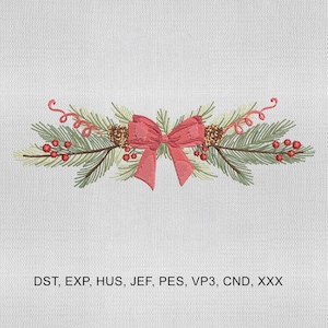 May include: Embroidered Christmas design featuring a red bow, pine cones, and sprigs of greenery with red berries. The design is symmetrical and festive, perfect for holiday crafts. The text at the bottom reads: DST, EXP, HUS, JEF, PES, VP3, CND, XXX.