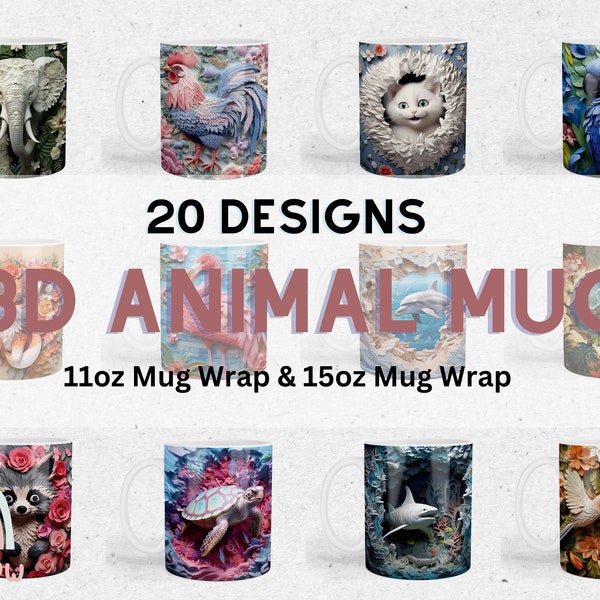 20 Design 3D Animal Mug Bundle, Mug PNG, 3D Mug Bundle, 11oz Mug & 15oz Mug Sublimation Wrap, Digital Download