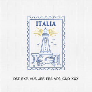 May include: A blue and white embroidered design of an Italian lighthouse, resembling a postage stamp. The word "ITALIA" is at the top. The lighthouse is emitting golden rays. The design is on a white background.