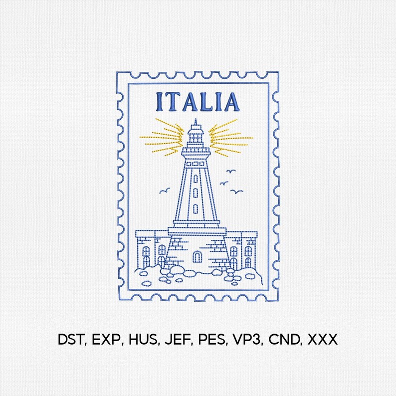 May include: A blue and white embroidered design of an Italian lighthouse, resembling a postage stamp. The word "ITALIA" is at the top. The lighthouse is emitting golden rays. The design is on a white background.