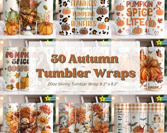 30 Fall Tumbler Wrap Bundle, Pumpkin Tumbler Wrap, Fall Vibes Wrap PNG, 20oz Tumbler Wrap, Sublimation Design, Digital Download