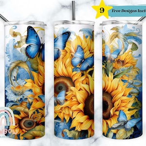 Sunflower Butterfly Tumbler Wrap, Sunflower Tumbler Design, Sublimation Design, Digital Download, Skinny 20oz Tumbler Wrap