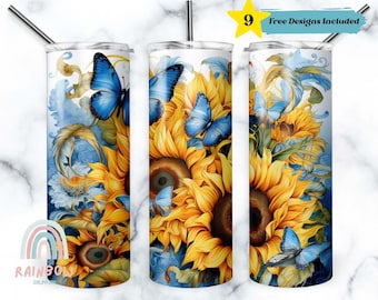 Sunflower Butterfly Tumbler Wrap, Sunflower Tumbler Design, Sublimation Design, Digital Download, Skinny 20oz Tumbler Wrap