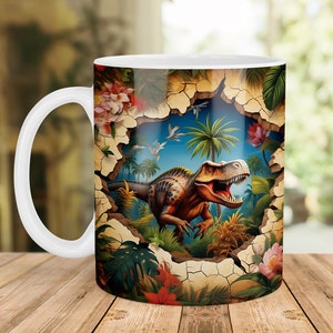 3D Dinosaur Mug, Dinosaur Mug Design, Mug PNG, 3D Mug, 11oz Mug & 15oz Mug Sublimation Wrap, Digital Download