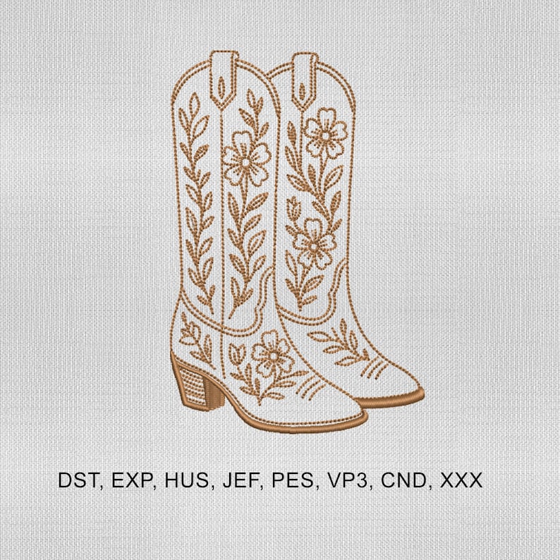 May include: A pair of embroidered cowboy boots in a cream color, adorned with floral and leaf patterns in a brown hue. The boots have a classic design with a pointed toe and a stacked heel. The image includes the text: DST, EXP, HUS, JEF, PES, VP3, CND, XXX.