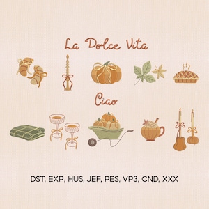 May include: An illustration with autumn-themed elements. It features pumpkins, candles, a pie, and a wheelbarrow filled with pumpkins. The text "La Dolce Vita" and "Ciao" are also included.
