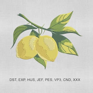 May include: Embroidered design of two yellow lemons with green leaves and stems. The lemons have a textured appearance, and the leaves have a detailed, veined pattern. The text "DST, EXP, HUS, JEF, PES, VP3, CND, XXX" is at the bottom.