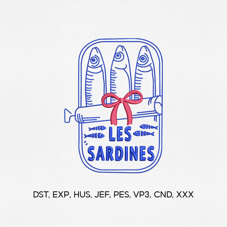 Peut inclure: Un motif de broderie repr&eacute;sentant trois sardines aux contours bleus dans une bo&icirc;te rectangulaire, agr&eacute;ment&eacute; d'un n&oelig;ud rouge et du texte LES SARDINES. Sous la bo&icirc;te, le texte indique DST, EXP, HUS, JEF, PES, VP3, CND, XXX sur fond blanc.