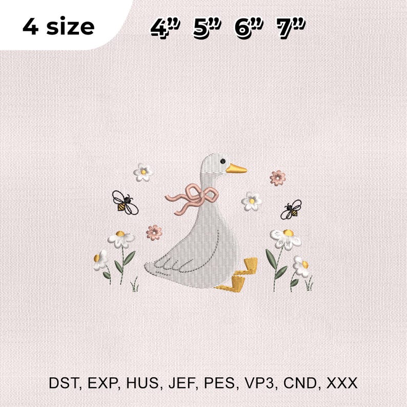 Op de afbeelding: Een geborduurd ontwerp met een witte gans met een roze strik, bloemen en bijen. Het ontwerp is verkrijgbaar in 4 maten, vari&euml;rend van 10,16 cm tot 17,78 cm. Beschikbaar in DST, EXP, HUS, JEF, PES, VP3, CND en XXX formaten.