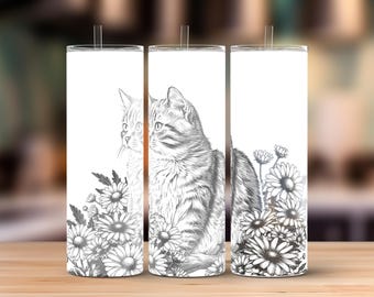 Puede incluir: Tres vasos aislados blancos con un diseño de boceto a lápiz de un gato y margaritas. El gato es gris y blanco, y las margaritas son en blanco y negro. Los vasos tienen una pajita.