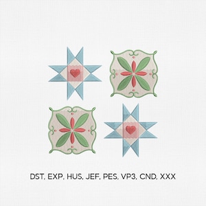 May include: Four machine embroidery designs featuring two star patterns with light blue points and a central red heart, and two square floral motifs with green leaves and red petals. The text DST, EXP, HUS, JEF, PES, VP3, CND, XXX is below.