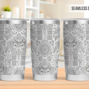 May include: Three stainless steel tumblers with a white background and a black and white pattern of elephants and floral designs. The pattern is seamless and repeats across the entire surface of the tumblers.