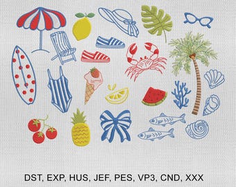 Set of 24 Summer Beach Icons Embroidery Design, La Costal Dolce Vita Embroidery Design,Nautical Seashell Embroidery Design,Embroidery File