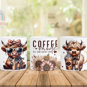 Coffee Mode Mug Wrap, Highland Cow Coffee Mug Wrap, Coffee Mug Wrap, 11oz Mug Wrap, 15oz Mug Wrap, Sublimation Wrap, Digital Download