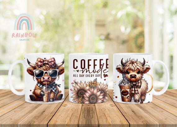 Coffee Mode Mug Wrap, Highland Cow Coffee Mug Wrap, Coffee Mug Wrap, 11oz Mug Wrap, 15oz Mug Wrap, Sublimation Wrap, Digital Download