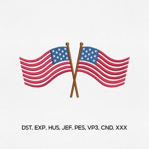 May include: Two embroidered American flags with crossed wooden poles. Each flag features red and white stripes and a blue field with white stars. The flags are waving, and the image includes the text "DST, EXP, HUS, JEF, PES, VP3, CND, XXX".