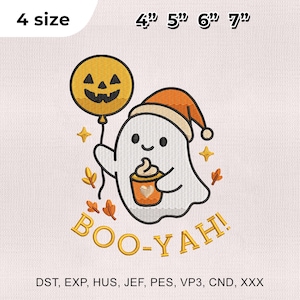 May include: An embroidered design featuring a friendly ghost holding a pumpkin-shaped balloon and a cup of coffee. The design includes the text "BOO-YAH!" and is available in 4 sizes: 4", 5", 6", and 7".