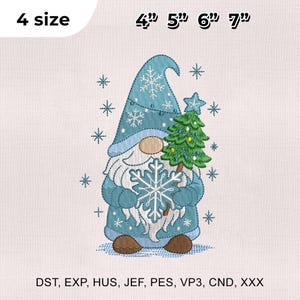 May include: An embroidered design of a gnome holding a snowflake and a Christmas tree. The gnome wears a blue hat with snowflake details and a white beard. The design is available in 4 sizes: 4", 5", 6", and 7".