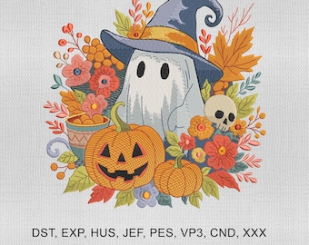 5 Size Floral Ghost Embroidery Design, Halloween Ghost Embroidery Design, Cute Halloween Ghost Embroidery Design, Embroidery Machines File