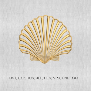 Puede incluir: Un diseño de concha dorada con líneas radiales, sobre un fondo blanco texturizado. La imagen incluye el texto "DST, EXP, HUS, JEF, PES, VP3, CND, XXX" en la parte inferior. Adecuado para proyectos de manualidades.