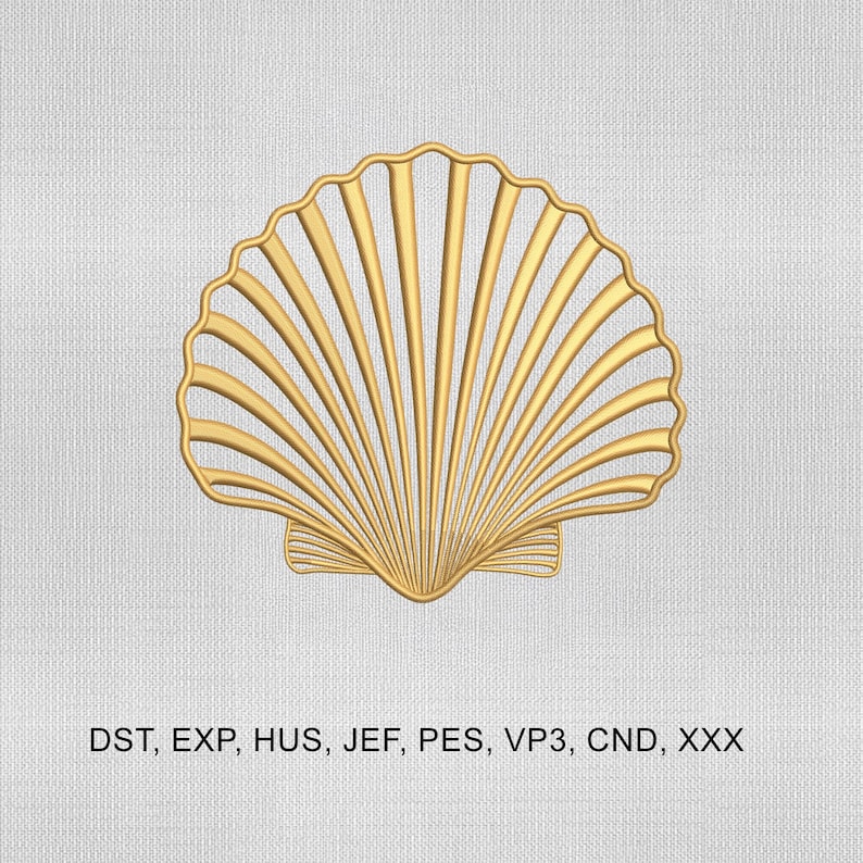 May include: A golden seashell design with radiating lines, set against a textured white background. The image includes the text "DST, EXP, HUS, JEF, PES, VP3, CND, XXX" at the bottom. This design is suitable for various craft projects.