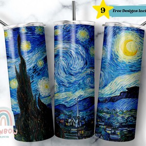 May include: Three stainless steel tumblers featuring a design of Vincent van Gogh's Starry Night. The tumblers are each 20 ounces and have a double-walled insulated design.
