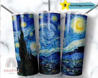 Envoltorio para vaso de noche estrellada, envoltorio artístico para vaso, diseño de sublimación de Van Gogh, descarga digital, envoltorio delgado para vaso de 20 oz