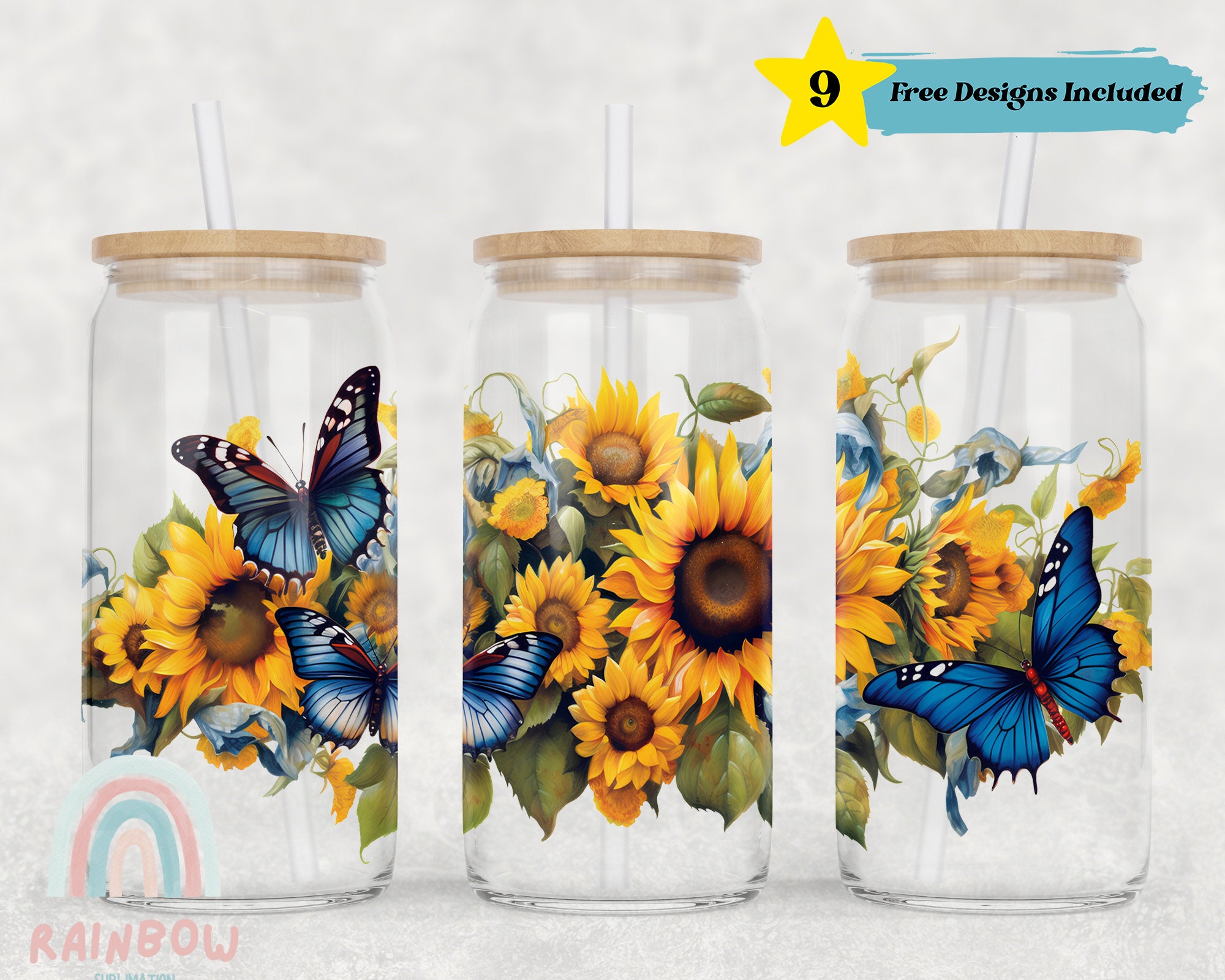 20 25 Oz Frosted Glass Tumbler Png Sublimation Design Butterfly Sunflower  Gift for Mom Floral Tumbler Wrap Blue Butterflies PNG 