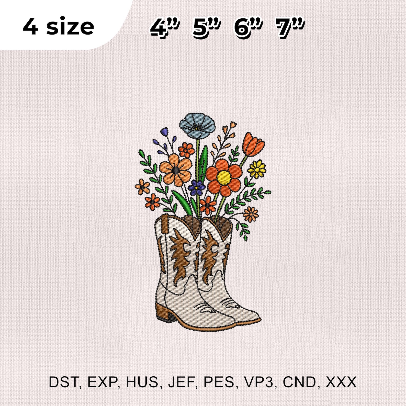 4 Size Western Cowgirl Boots Embroidery Design, Floral Boots Embroidery ...