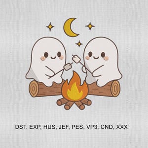 May include: A whimsical illustration features two white ghost characters roasting marshmallows over a campfire. The scene includes a crescent moon, stars, and the text "DST, EXP, HUS, JEF, PES, VP3, CND, XXX". The design is set against a textured, off-white background.