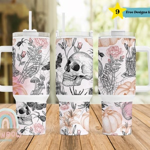Skull Flowers 40oz Tumbler, Halloween 40oz Tumbler Wrap, Skull Wrap PNG, Sublimation Wrap, Design Downloads